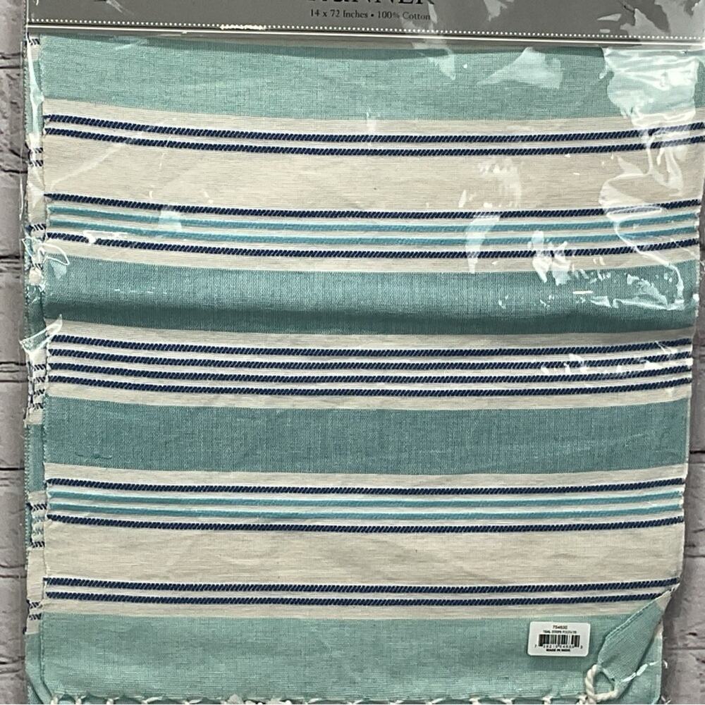 Design Imports Table Runner 14" x 72" Tidal Stripe Fouta Fringed 100% Cotton NWT - Picture 7 of 8